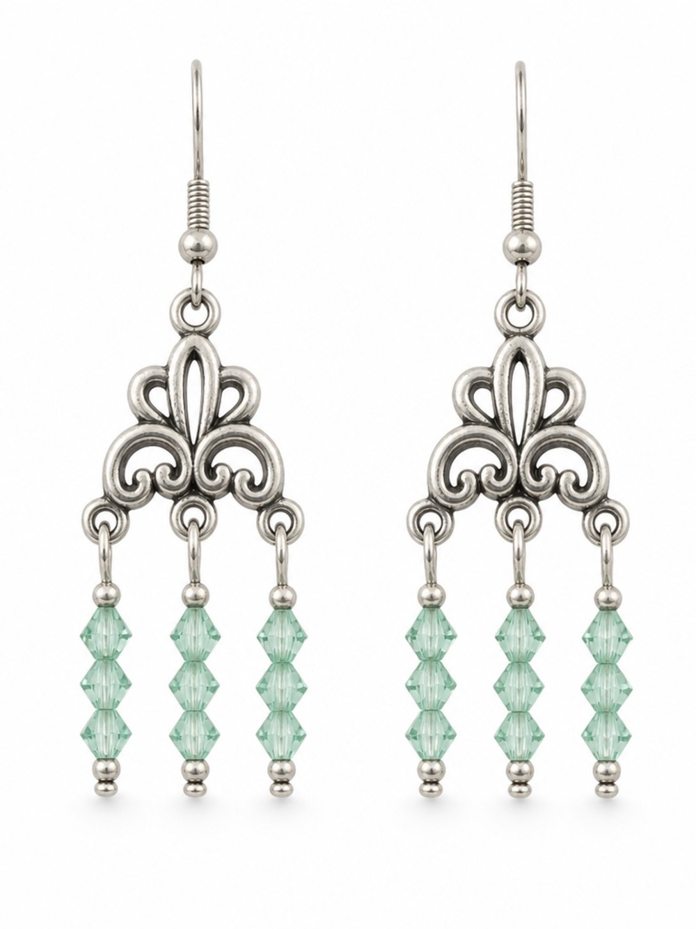 Silver Filigree Chandelier Earrings with Soft Green Crystal Beads